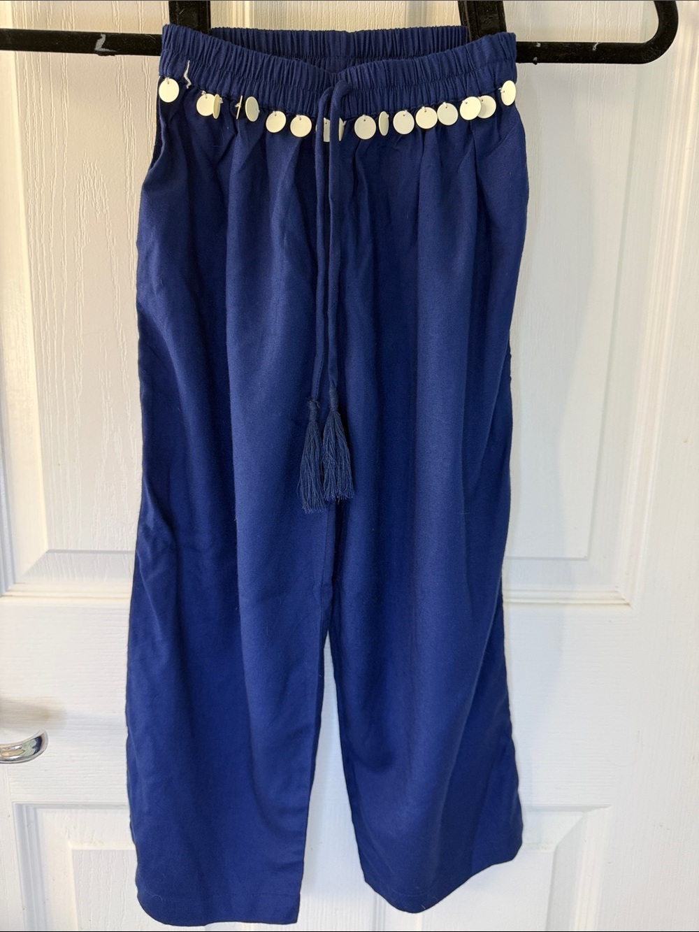 Masala Baby Navy Wide-Leg Pants with Tassel Drawstring and White Coin Trim